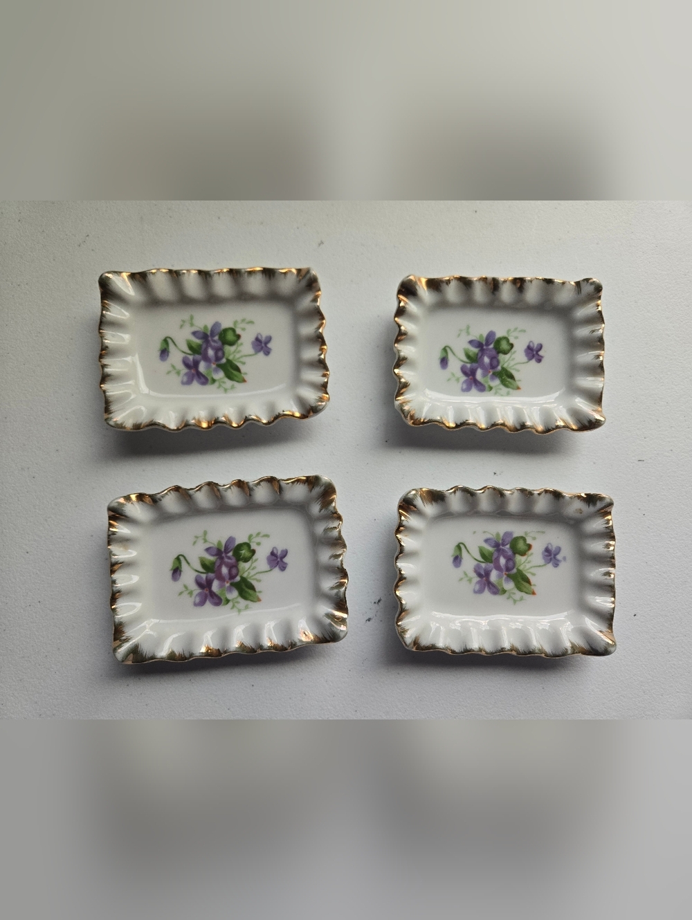 Set Of 4 Vintage Porcelain Tea Bag Plates with Purple Violets and Gold Trim